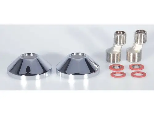 Zwei glatte, chromfarbene Anschlussstücke mit konischer Form, begleitet von zwei gewinkelten Gewindeadaptern und Dichtungen. Ideal Standard-Produkt für Rohrverbindungen.